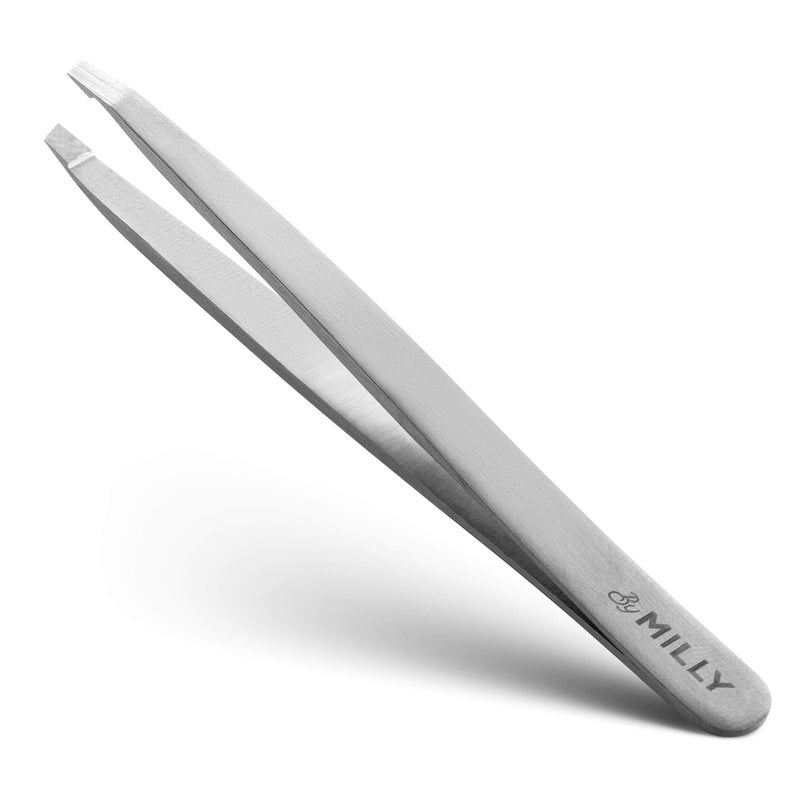 By MILLY Professional Slanted Tweezers for Women & Men | High Carbon Stainless Steel Sharp Tweezer | Tweezers for Women Facial Hair Plucking, Hand-Filed & Aligned Precision Slant Tips - Silver - Image 1